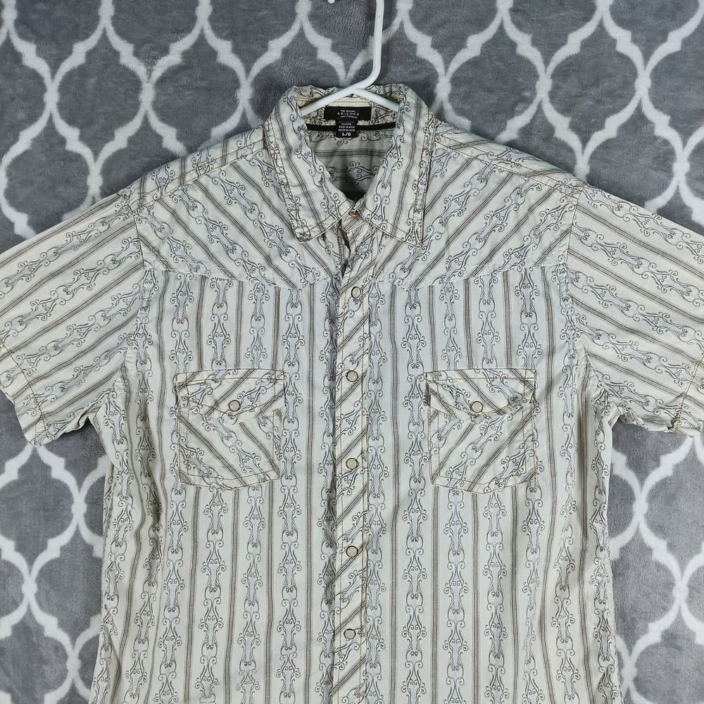 Arizona Jean Company Western Shirt Men L Beige Brown Pearl Snap Short Sleeve VTG